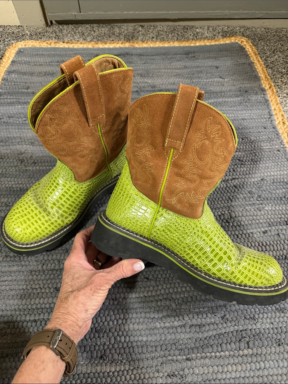 Ariat Lime Green and Brown Girls' Pull-On Moto Boots